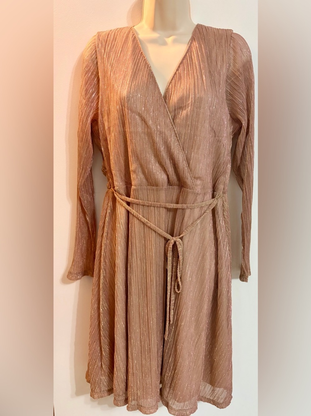 Maurices Metallic Blush Pleated Wrap Midi Dress